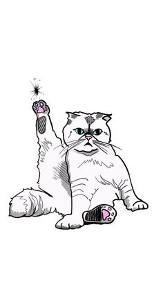 a black and white drawing of a cat with its paw up in the air holding a sparkler