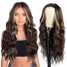 100% High-quality heat-resistant fibers. It has a very stylish design with natural pretty looking and soft smooth. Ombre Wavy Wig Cap size is medium size. Average adjustable and breathable wig caps are matched with different sizes of heads. Ombre Brown To Blonde, Wavy Middle Part, Middle Part Wig, Natural Hair Wigs, Long Hair Wigs, Ombre Brown, Synthetic Lace Wigs, Front Hair Styles, Brown Wig