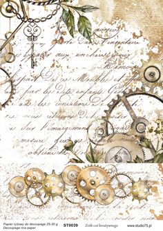 an old paper with gears and flowers on it