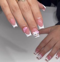 Short Coffin Hello Kitty Nails, Hello Kitty Nails Medium Square, French Tip With Hello Kitty Charm, Hello Kitty Medium Nails, Hello Kity Nails Acrylic, Short Nails Ideas Hello Kitty, Valentines Day Nails Hello Kitty, Hello Kitty Nails With Initial, Hello Kitty Nails Medium Length