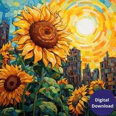 a painting of sunflowers in front of a cityscape