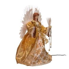 This Angel Looks Beautiful In Her Gold Gown With A Glittered Snowflake Pattern. She Holds A Candle And A Gold Decorated Snowflake In Her Left Hand. Her Fiber-Optic Color-Changing Angel Wings And The Pearl And Sequined Accents Sets Her Apart From All Other Angels.. 19 In H X 11.5 In W X 6 In D. Purchase includes One Tree Topper. Tree Collar, Spooky Town, Angel Tree Topper, Gold Gown, Led Color Changing Lights, Wreath Home Decor, Elf Ornaments, Gold Angel, Angel Tree