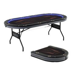 a black table with blue lights on the top and an open case underneath it for playing poker