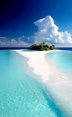 an island in the middle of water with white sand and palm trees on it's shore