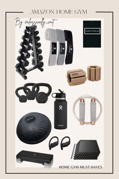 an assortment of home gym equipment and accessories