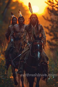 native american men riding horses in the woods at sunset with feathers on their head and tails