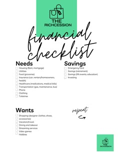 the financial checklist is shown in black and white, with green lettering on it