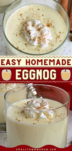 two glasses filled with eggnog and topped with whipped cream