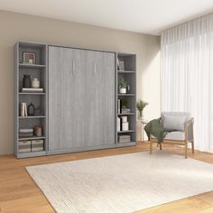 a living room with a couch, chair and bookcase