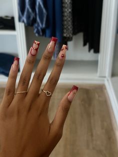 Red Easy Nail Designs, Med French Tip Acrylic Nails, Red Nails Design French, Red Nails Acrylic Coffin With Diamonds, Red French Design Nails, Nail Inspo Square Christmas, Unique French Tip Designs, Birthday Nails Valentines, Red French Nails With Design