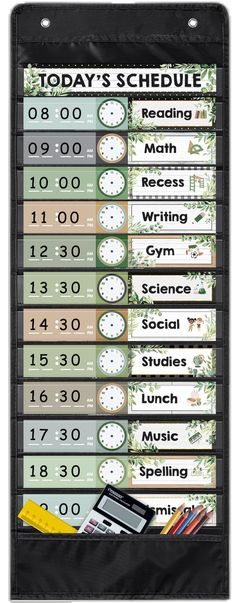 the back side of a school timetable with numbers and times on it, including pencils