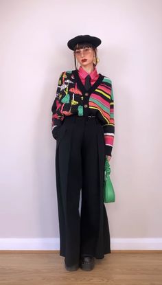 Artist Wear Style, Art Interview Outfit, Game Show Outfits, Funky Casual Work Outfits, Fall Maximalism Outfit, Art Critic Outfit, Art Gallery Style Fashion, Bright Colored Outfits Aesthetic, Colorful Rock Outfit