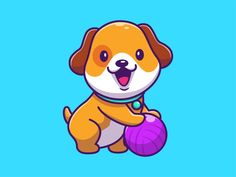 a brown and white dog holding a purple ball in its paws on a blue background