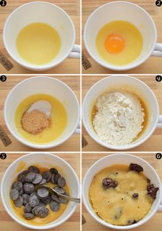 the steps to make an easy chocolate chip cookie recipe in four different bowls with eggs and raisins