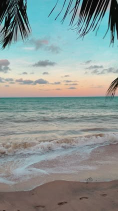 a beach with waves crashing onto the shore and palm trees in the foreground at sunset