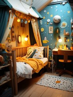 a child's bedroom decorated in blue and yellow with stars on the ceiling, bedding, rugs and curtains