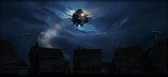 an alien ship flying through the night sky