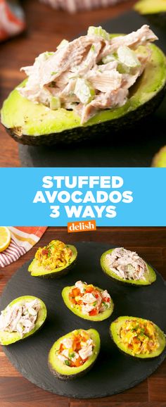 stuffed avocados with tuna in them on a black platter and the title overlay reads stuffed avocados 3 ways