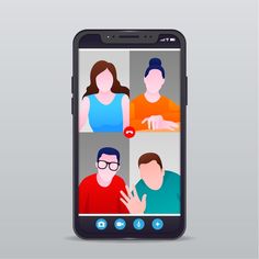 a cell phone with four people on the screen and one person holding up his hand