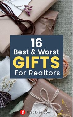 presents wrapped in brown paper with text overlay that reads 16 best and worst gifts for realtors