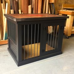 a wooden table with metal bars on top