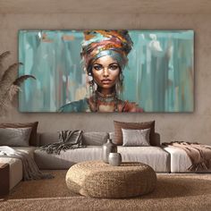 a living room with a large painting on the wall