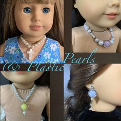 four pictures of dolls wearing necklaces and pearls