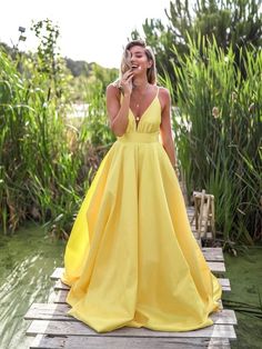 Yellow A Line V Neck Backless Satin Long Prom Dresses, Yellow V Neck Graduation Dresses, Yellow Long Evening Dresses Yellow Matric Farewell Dresses, Yellow Formal Dress, Yellow Prom, Summer Hacks, Yellow Dresses, Prom Dresses Yellow, Dream Outfits, Backless Prom Dresses, Long Prom Dresses