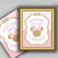 a pink and gold minnie mouse welcome sign with polka dots on the bottom, and an image