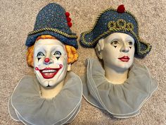 This pair of clowns are an excellent condition! They are hand signed by the artist "Ben Black". Vintage era stamped year 1985. Clown orange hair signed: 124 out of only 2500 produced Clown white hair signed: 534 out of only 2500 produced They are made out of ceramic and have significant weight to them. Fine quality craftsmanship, Intriquite realistic details & vibrant color. Approximately: 12 inches tall by 8.5 inches wide Clown Masks, Clown Vintage, Clown Nose, Clown Art, Clown Mask, Send In The Clowns, Nostalgic Images, Drag Makeup, Circus Clown