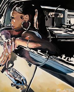 a painting of a woman sitting in a car with her hand on the steering wheel