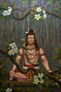 a painting of a man sitting in the middle of a forest surrounded by white flowers