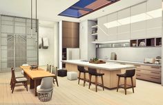 an artist's rendering of a modern kitchen and dining area with bar stools