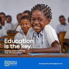 an advertisement for the international day of education featuring children in school uniforms smiling and sitting at desks