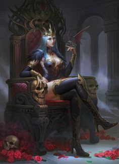 a woman sitting on top of a throne next to a skull