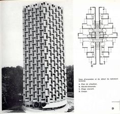 an architectural drawing and diagram of a tall building with geometric designs on the side, in black and white