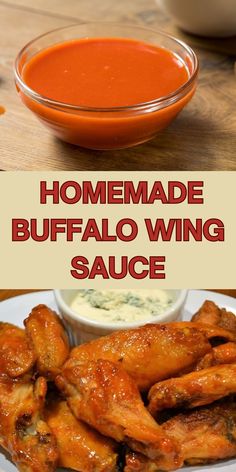 homemade buffalo wing sauce in a bowl and chicken wings on a plate