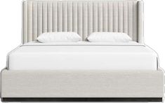 a bed with white linens and pillows on top of the headboard, in front of a white background