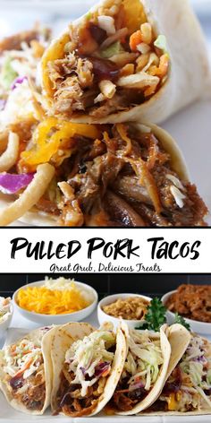 A double photo collage of pulled pork tacos on a plate with a bowl of pulled pork in the background, onion strings, and cheese all in separate bowls. Pulled Pork Taco Toppings, Pulled Pork Crock Pot Tacos, Leftover Pork Taco Recipes, Bbq Pulled Pork Tacos With Slaw, Ways To Eat Bbq Pulled Pork, Meals To Make With Leftover Pulled Pork, Pulled Pork Tortilla Wraps, Leftover Pulled Pork Recipes Tacos, Pulled Pork Taco Bar