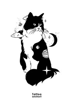 a black and white cat sitting on its hind legs with the caption tattoo anshort