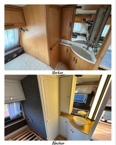 before and after photos of a mobile home bathroom remodel with sink, mirror, cabinets