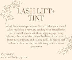 an advertisement with the words lashesliftt and tint in white on a beige background