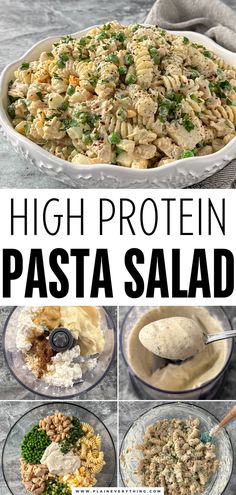 high protein pasta salad in a bowl with the title above it, and pictures of different ingredients