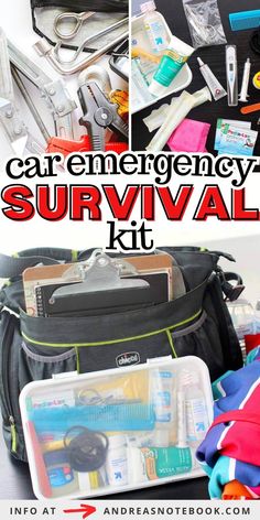 an emergency survival kit is shown with the contents in it and text that reads, car emergency survival kit