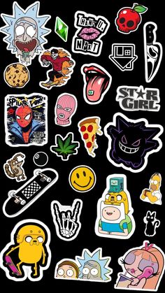 various stickers are arranged on a black background, including one with an image of cartoon characters