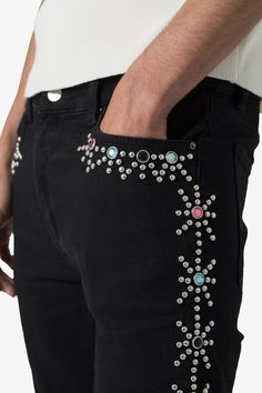 the X620 Studded Skinny Denim is designed with our new X fit which is skinny throughout with an extended inseam for stacking, and features a light rinse wash and finished with studding details on the outseam and around the pockets. details skinny fit 68% cotton 20% polyester 11% viscose 1% spandex extended inseam for stacking model is 6’1, 140 lbs and wears a size 30 Black Jeans With Patches, Studded Pants, Unique Jeans, Jeans Pocket, Pockets Details, Altered Clothing, 140 Lbs, Studded Denim, Street Fashion Men Streetwear