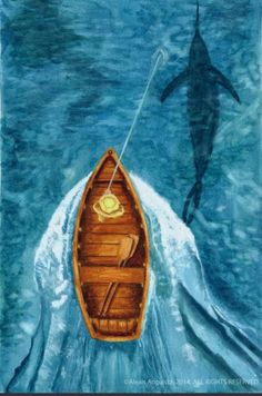 a painting of a boat in the ocean with a dolphin swimming behind it and an orca on the water