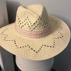 Brand New, Never Worn Womens Fashion Straw Hat With Bunk Embroidered Hat Band Country Style Cap For Vacation, Casual Cream Sun Hat For Country Events, Country Style Vacation Cap, Casual Cream Straw Hat For Rodeo, Country Style Cap Sun Hat For Spring, Cream Country Straw Hat For Spring, Casual Beige Hat Bands For Festival, Casual Beige Fedora For Festivals, Country Style Cream Hat For Vacation