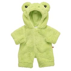 a baby's green teddy bear romper with hoodie on the chest and ears