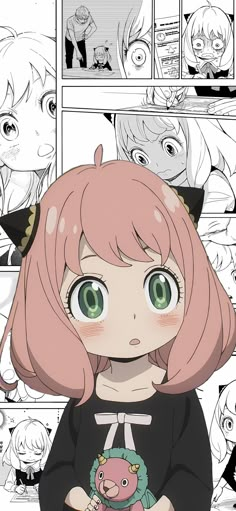 an anime character with pink hair and green eyes holding a stuffed animal in her hands